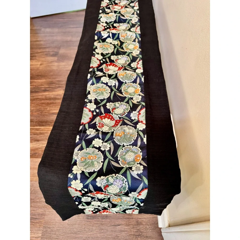 VTG Japanese Kimono Silk Brocade‎ Table Runner Black Navy Butterfly Floral 12x58